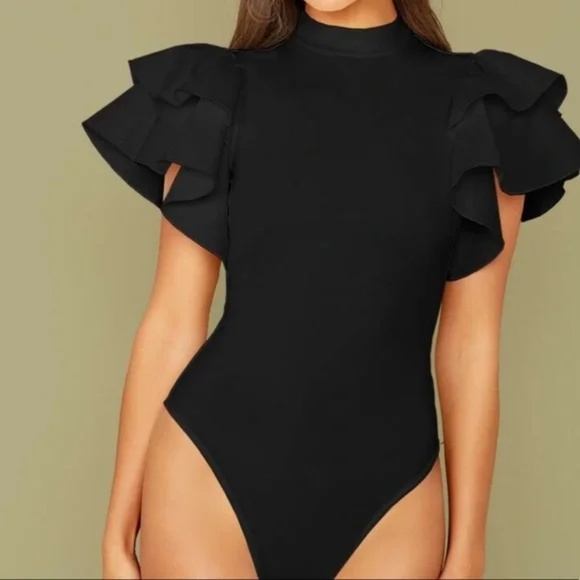 Classic Black Layered Ruffle Sleeve fitted Bodysuit - Picture 9 of 10